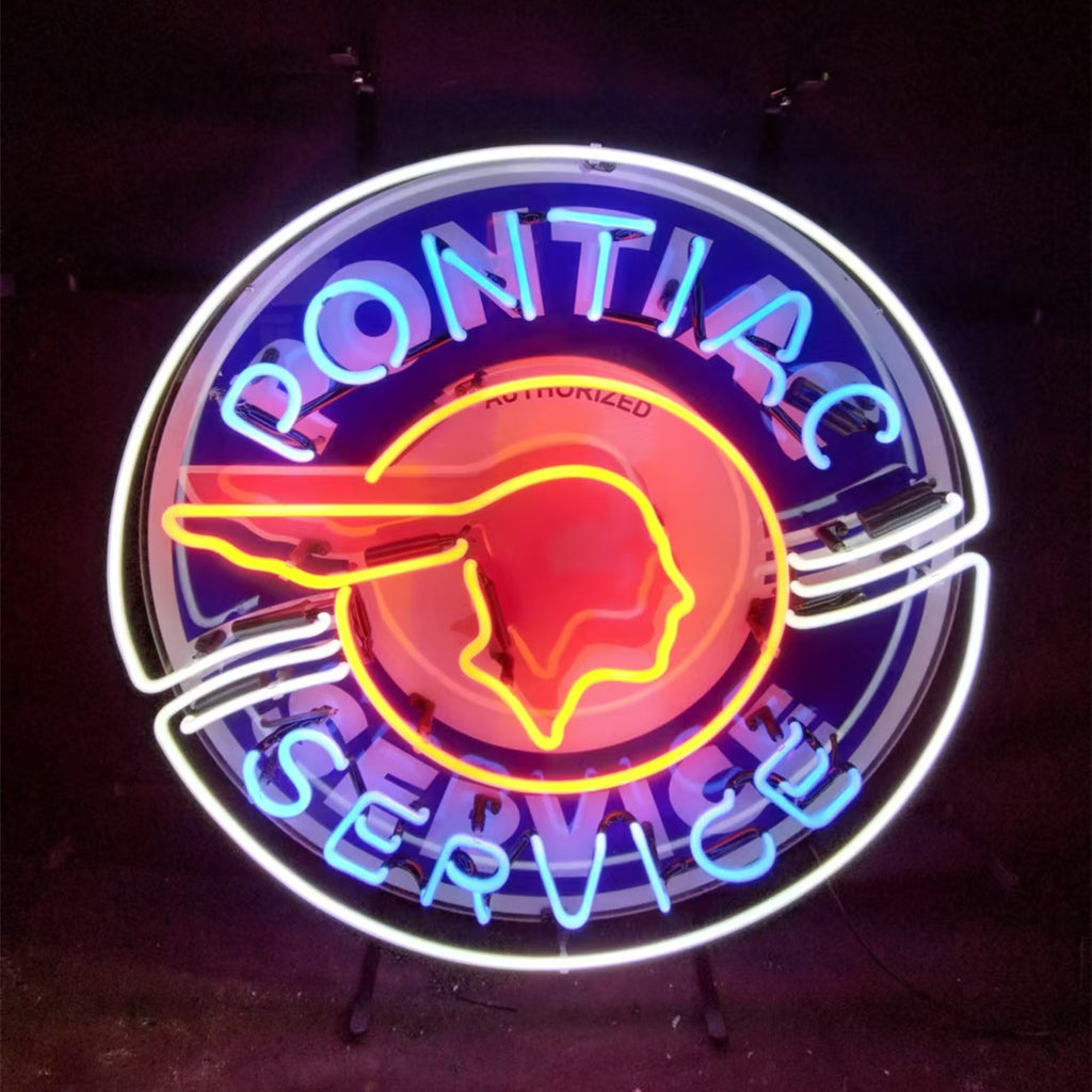 Neon Pontiac service sign showing purple/blue ring, red head, and white border