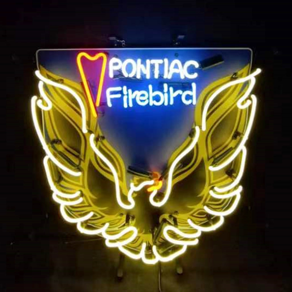 Neon Pontiac Firebird wall sign, blue plate, winged flame outline, yellow and white lights