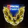Neon Pontiac Firebird wall sign, blue plate, winged flame outline, yellow and white lights