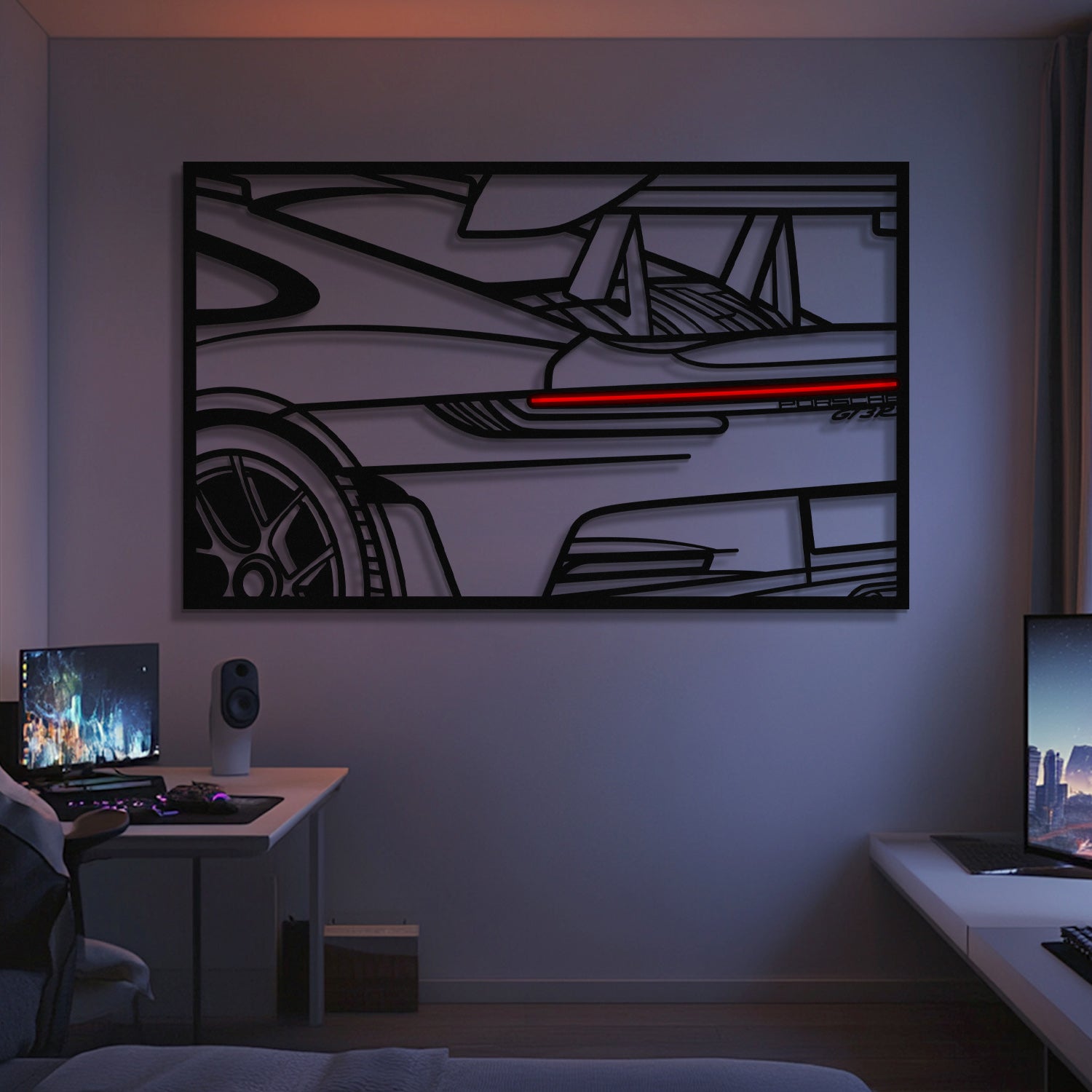 Metal neon frame wall art with black car rear design and red accent stripe