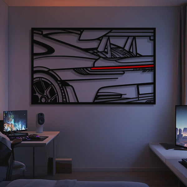 Metal neon frame wall art with black car rear design and red accent stripe
