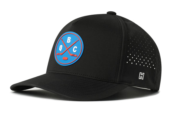 Black 5-panel hockey performance snapback hat with front QBC logo and perforated side