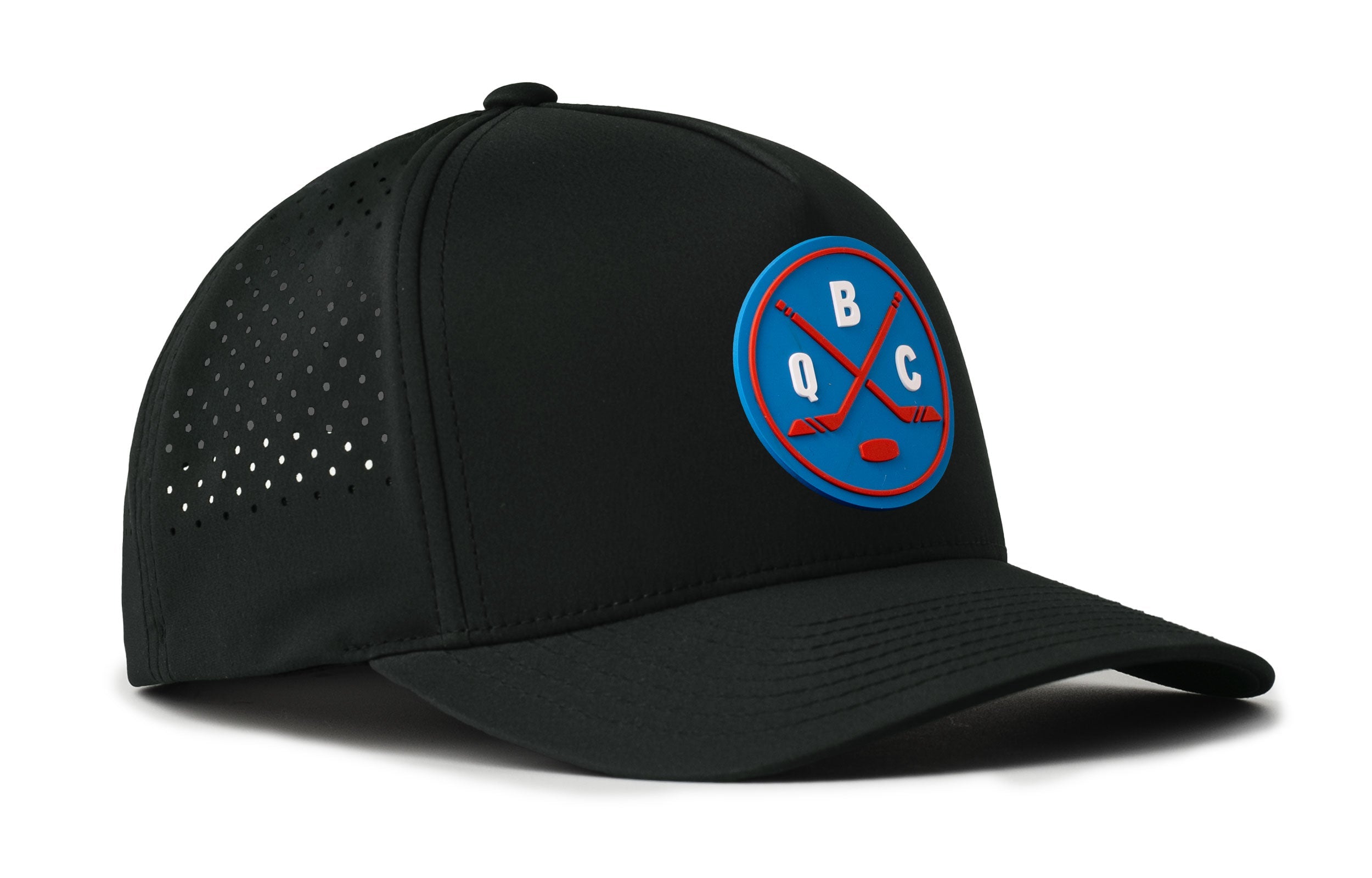 Black 5-panel hockey performance snapback hat with side QBC logo and dotted perforations