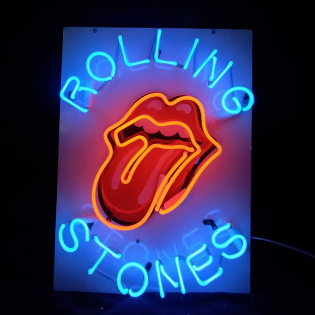 Rectangular neon sign with tongue logo and Rolling Stones script, orange and cyan glow