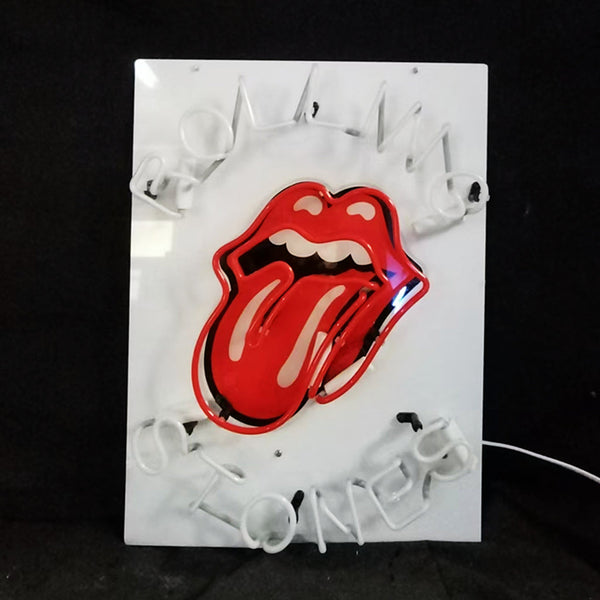 Rectangular neon sign with red tongue logo and Rolling Stones script, off on white panel