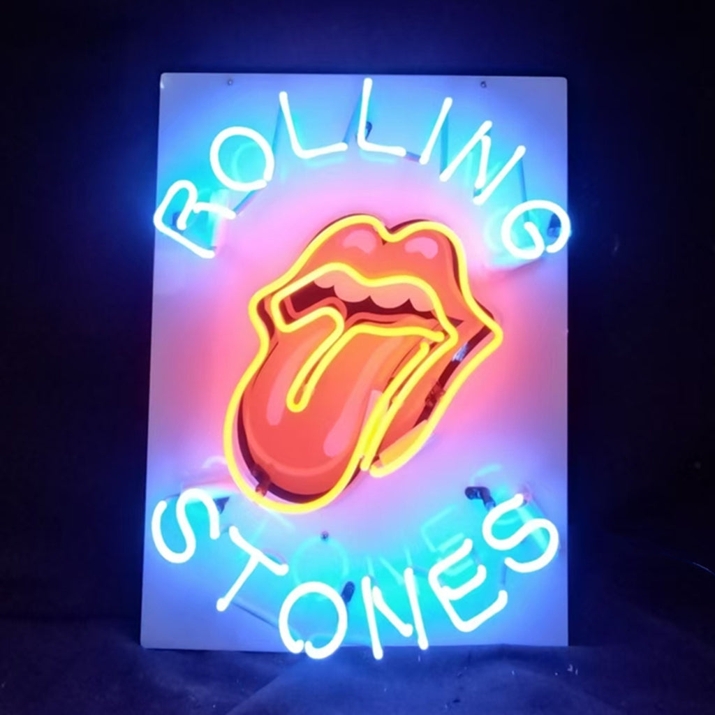 Rectangular neon sign with tongue logo and Rolling Stones script, pink and blue