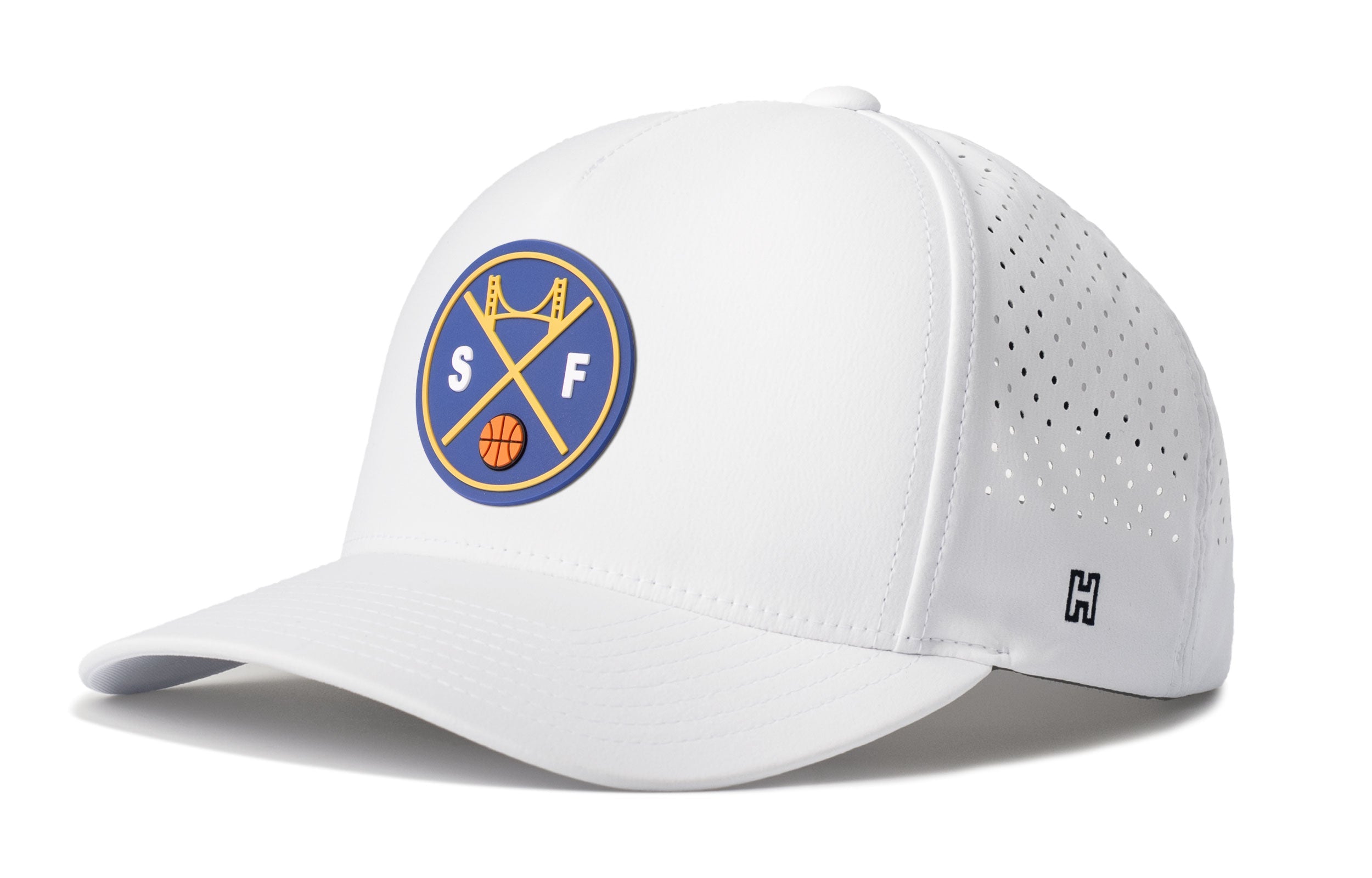 White 5-panel basketball cap with perforated side panels, snap strap, SF logo patch