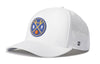 White 5-panel basketball cap with perforated side panels, snap strap, SF logo patch