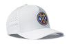 White 5-panel basketball cap with perforated side, embroidered SF logo patch