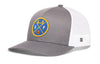 Gray front trucker cap with basketball-style logo patch and white mesh side panels