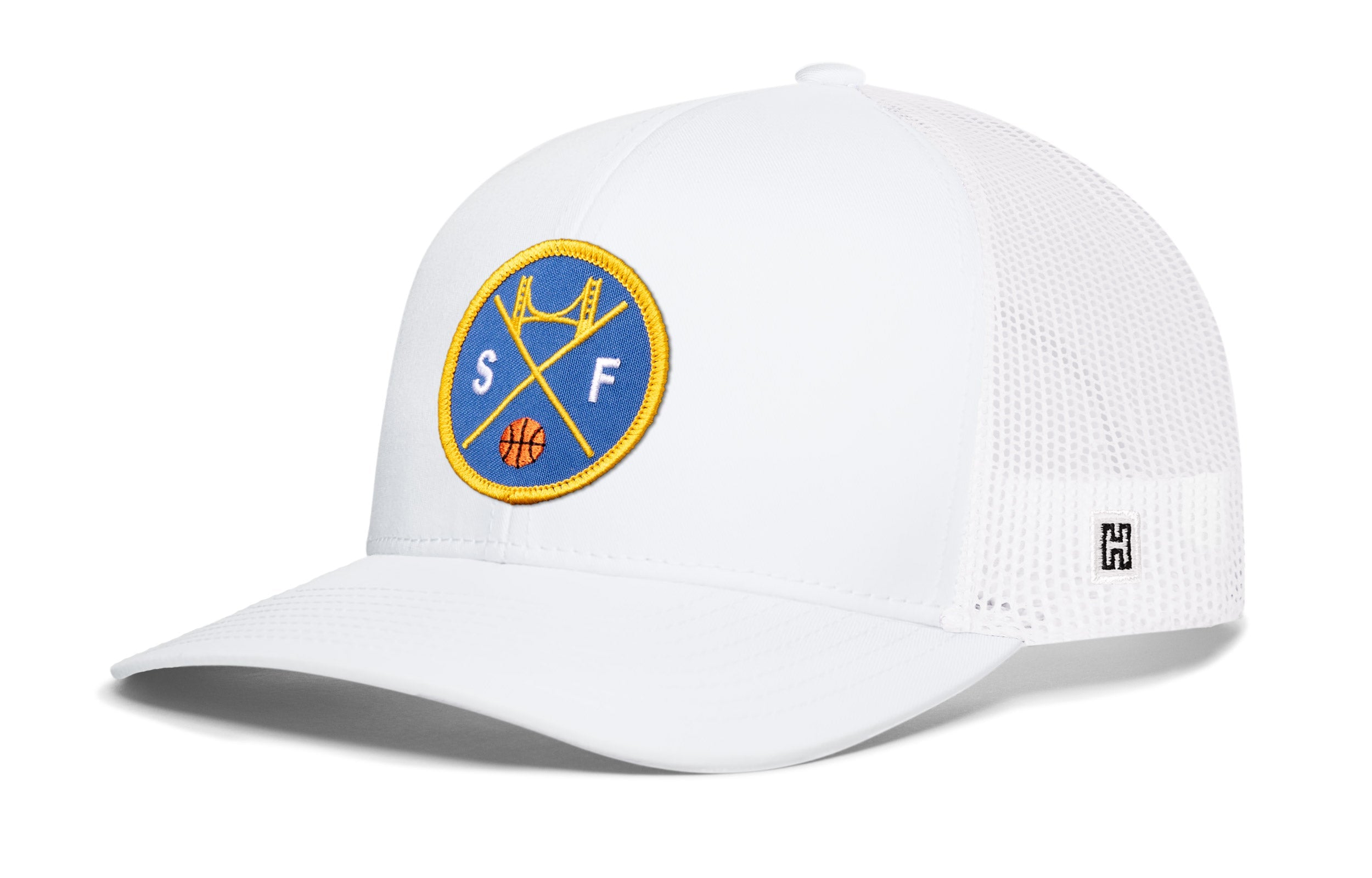 White trucker cap with basketball-style logo patch on front and white mesh side panels