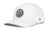 White trucker cap with basketball-style logo patch on front and white mesh side panels
