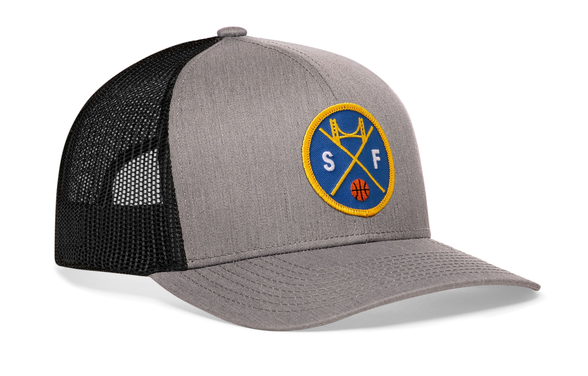 Gray front trucker cap with round basketball logo patch and black mesh back