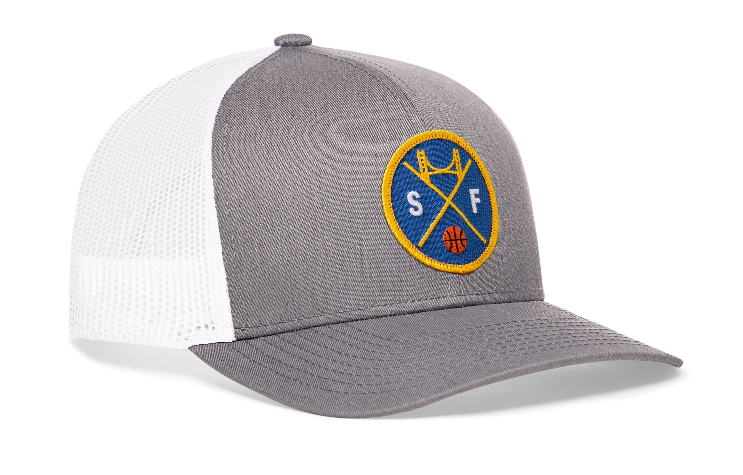Gray front trucker cap with round basketball logo patch and white mesh back