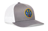 Gray front trucker cap with round basketball logo patch and white mesh back