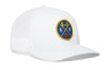 White trucker cap with round basketball logo patch and breathable white mesh back