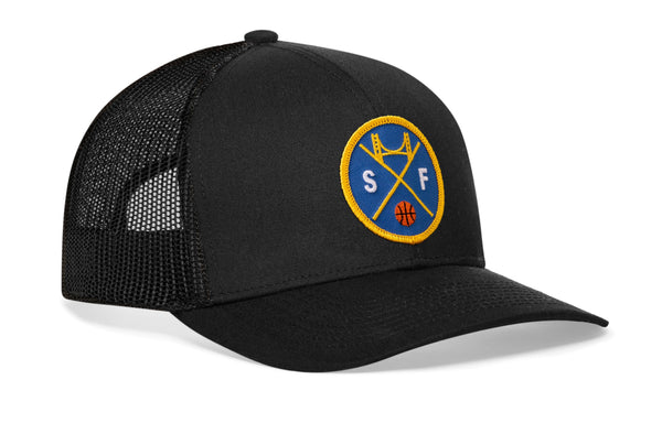 Black trucker cap with round basketball logo patch and breathable black mesh back