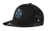 Black 5-panel performance snapback hat with logo patch and perforated side panels