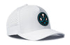 White 5-panel cap with curved brim, logo patch, and perforated side detail