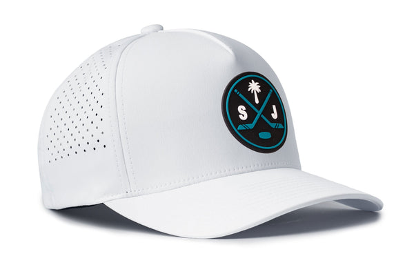 White 5-panel cap with curved brim, logo patch, and perforated side detail