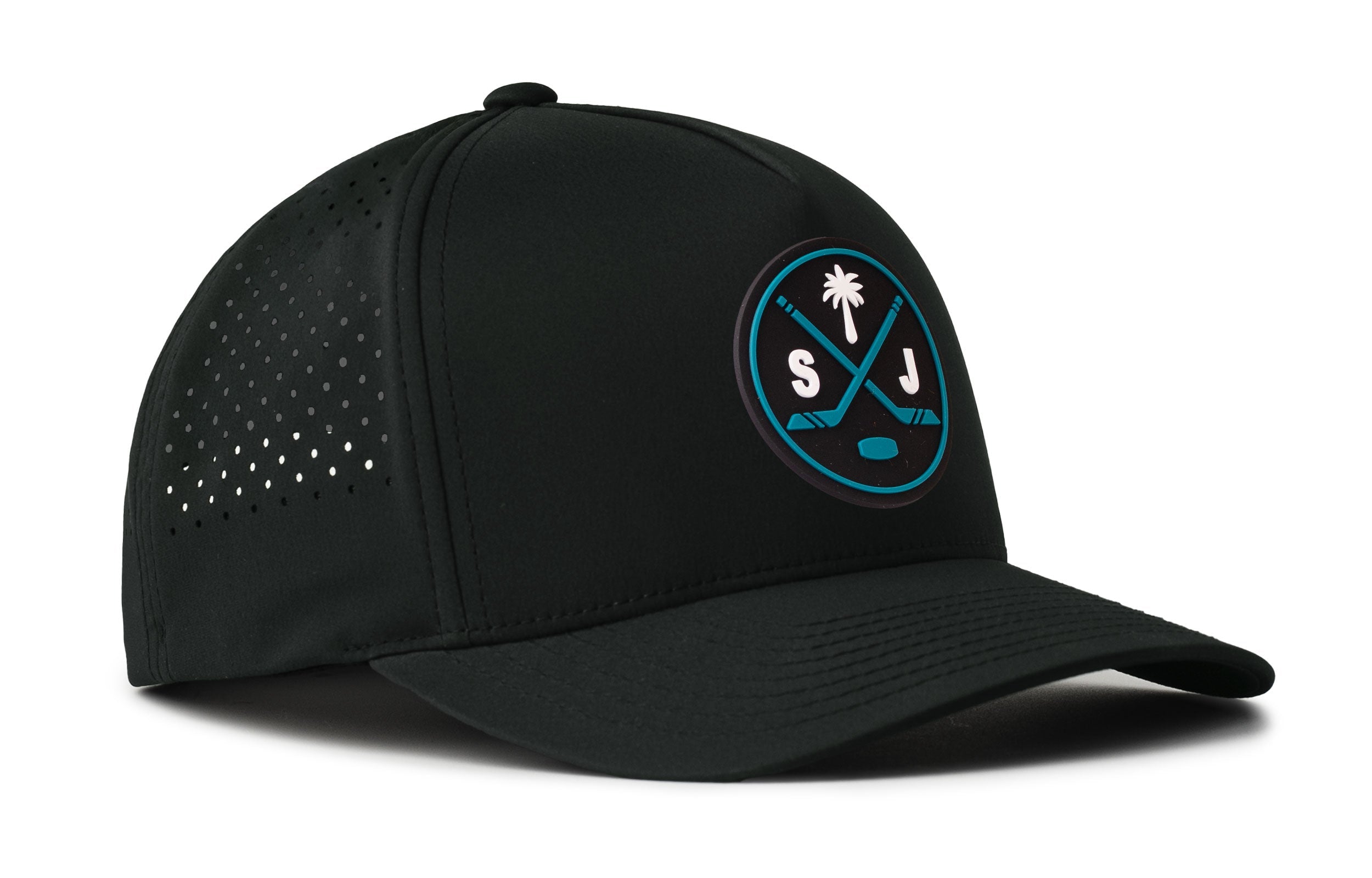 Black 5-panel cap with curved brim, logo patch, and perforated side detail