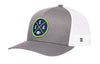 Gray trucker baseball cap with green SEA X A logo patch and white mesh side panels