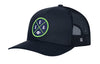 Dark navy trucker baseball cap with green SEA X A logo patch and mesh back