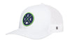 White trucker baseball cap with green SEA X A logo patch and mesh back snapback