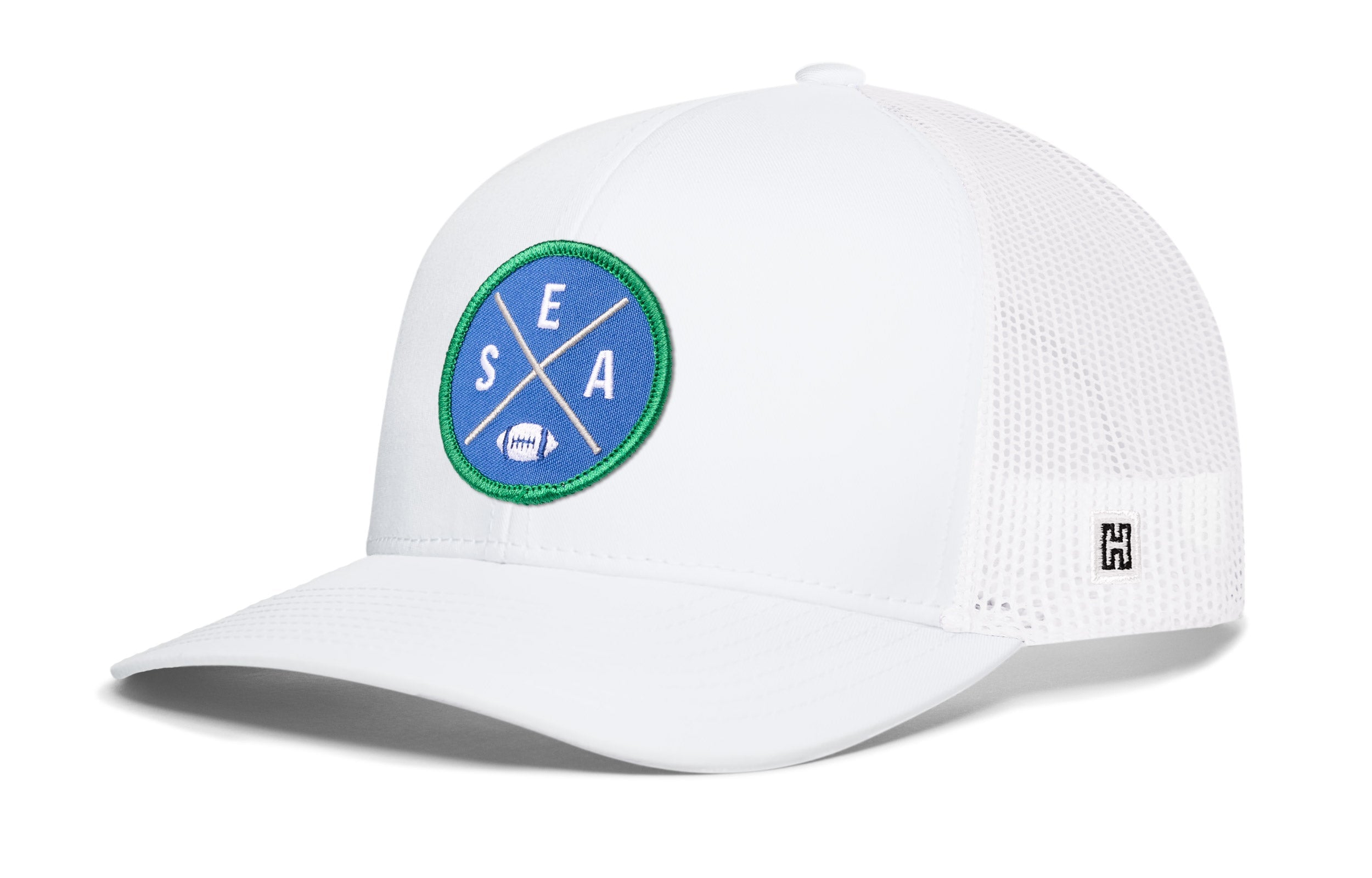 White trucker hat with round SEA X patch and white mesh side panels