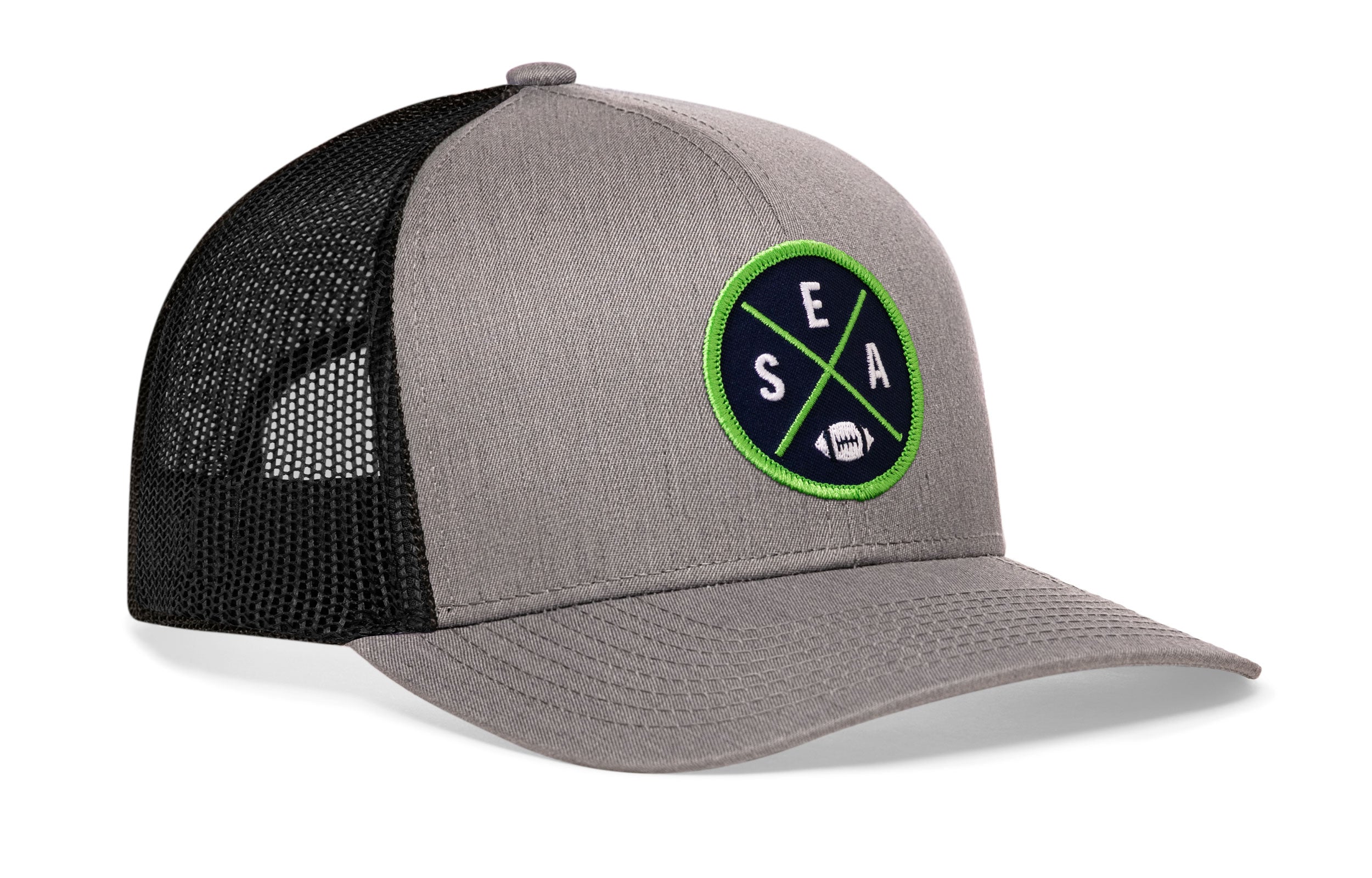 Gray and black trucker baseball cap with green SEA X A logo patch and mesh back