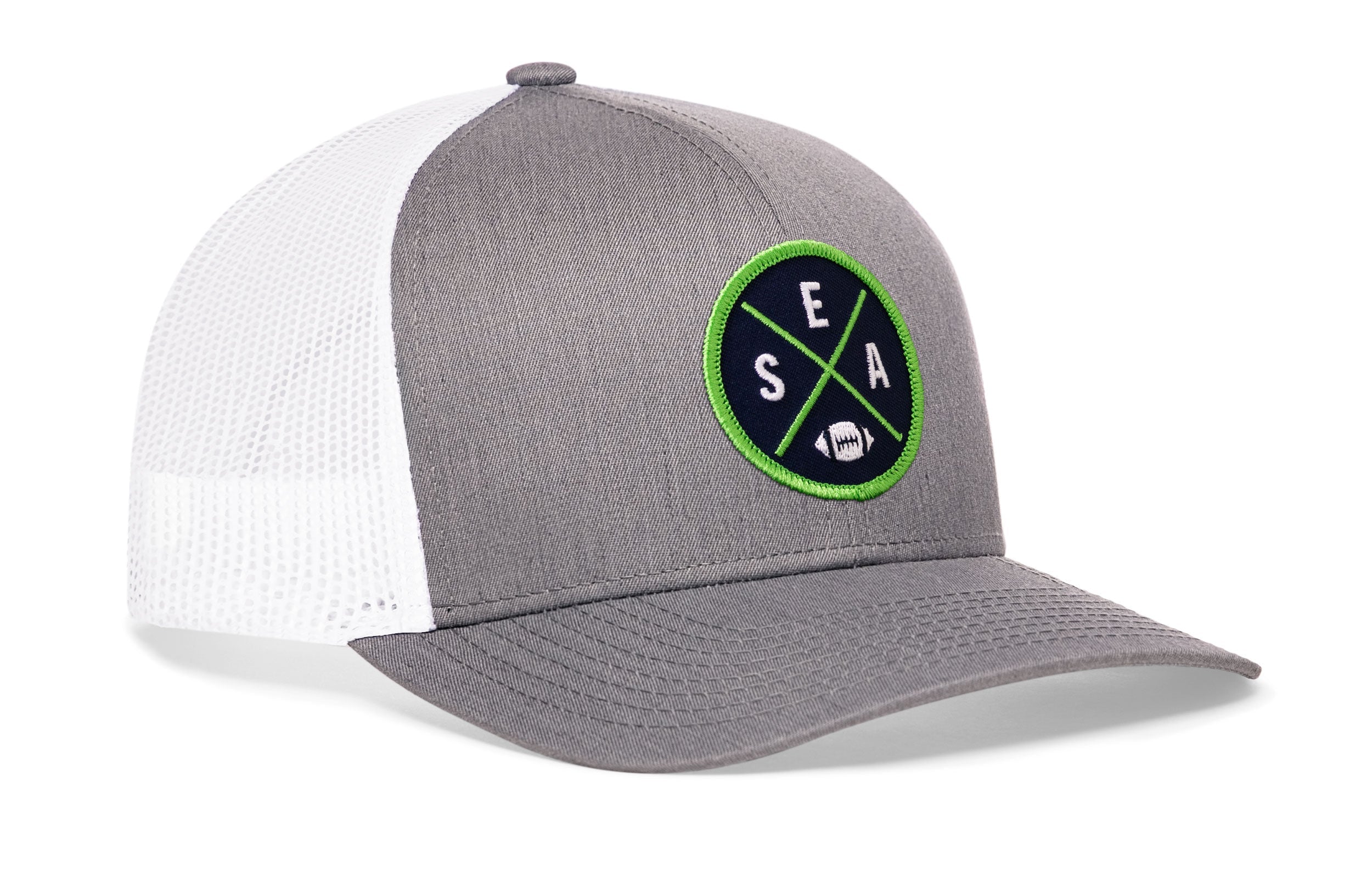 Gray trucker baseball cap with green SEA X A logo patch and white mesh back