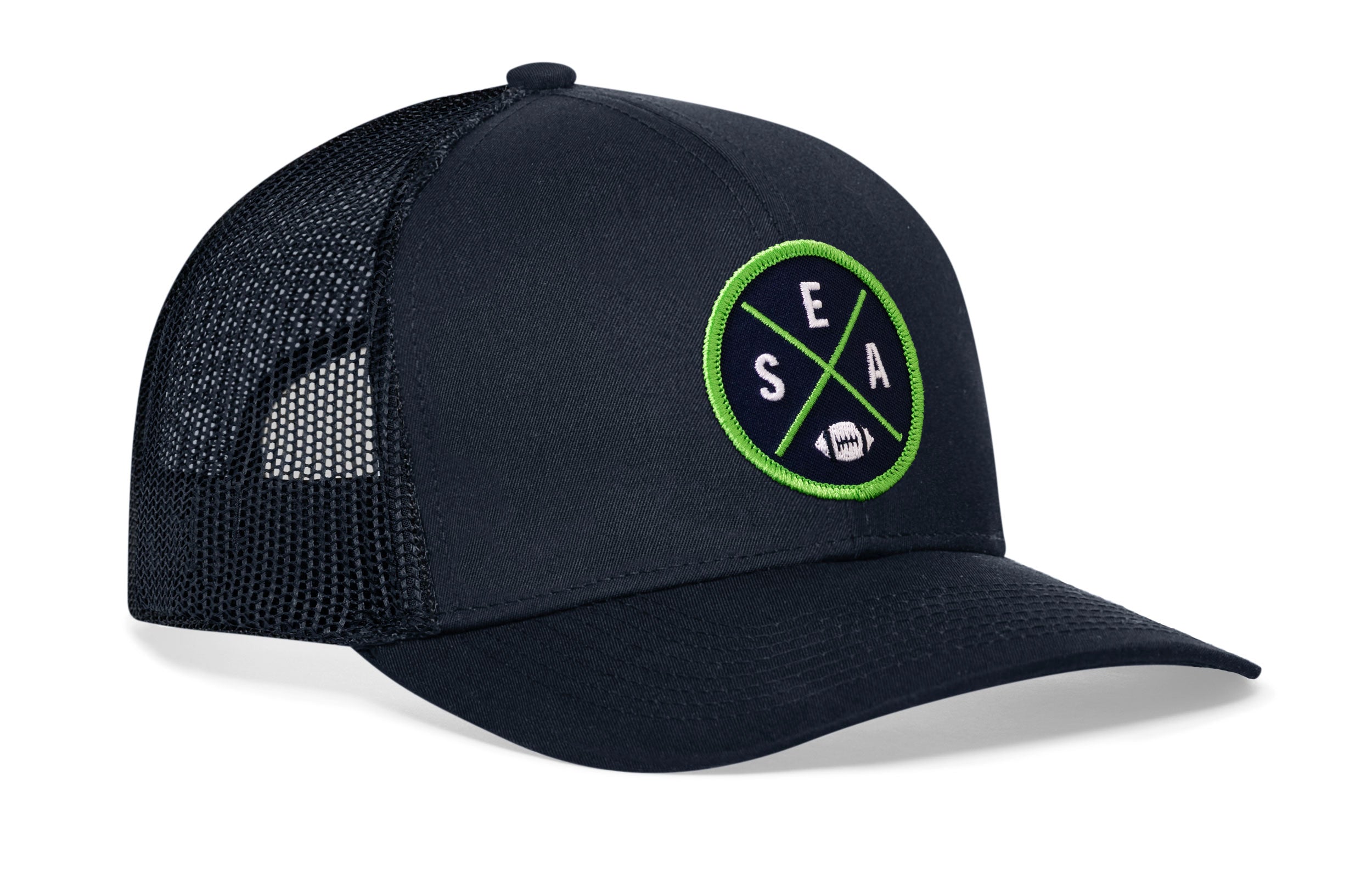 Navy trucker baseball cap with green SEA X A logo patch and mesh back snapback