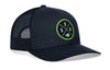 Navy trucker baseball cap with green SEA X A logo patch and mesh back snapback