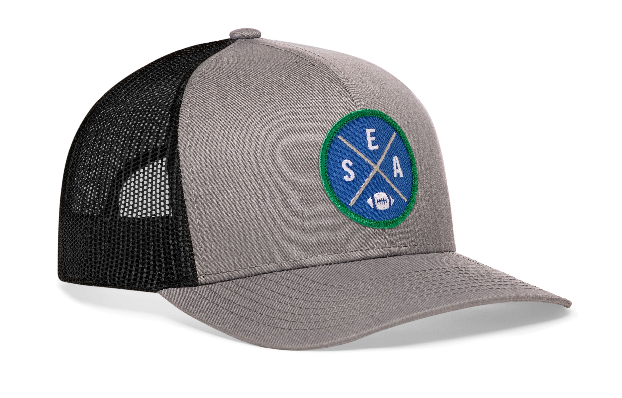 Gray front trucker hat with round SEA X patch and black mesh side panels