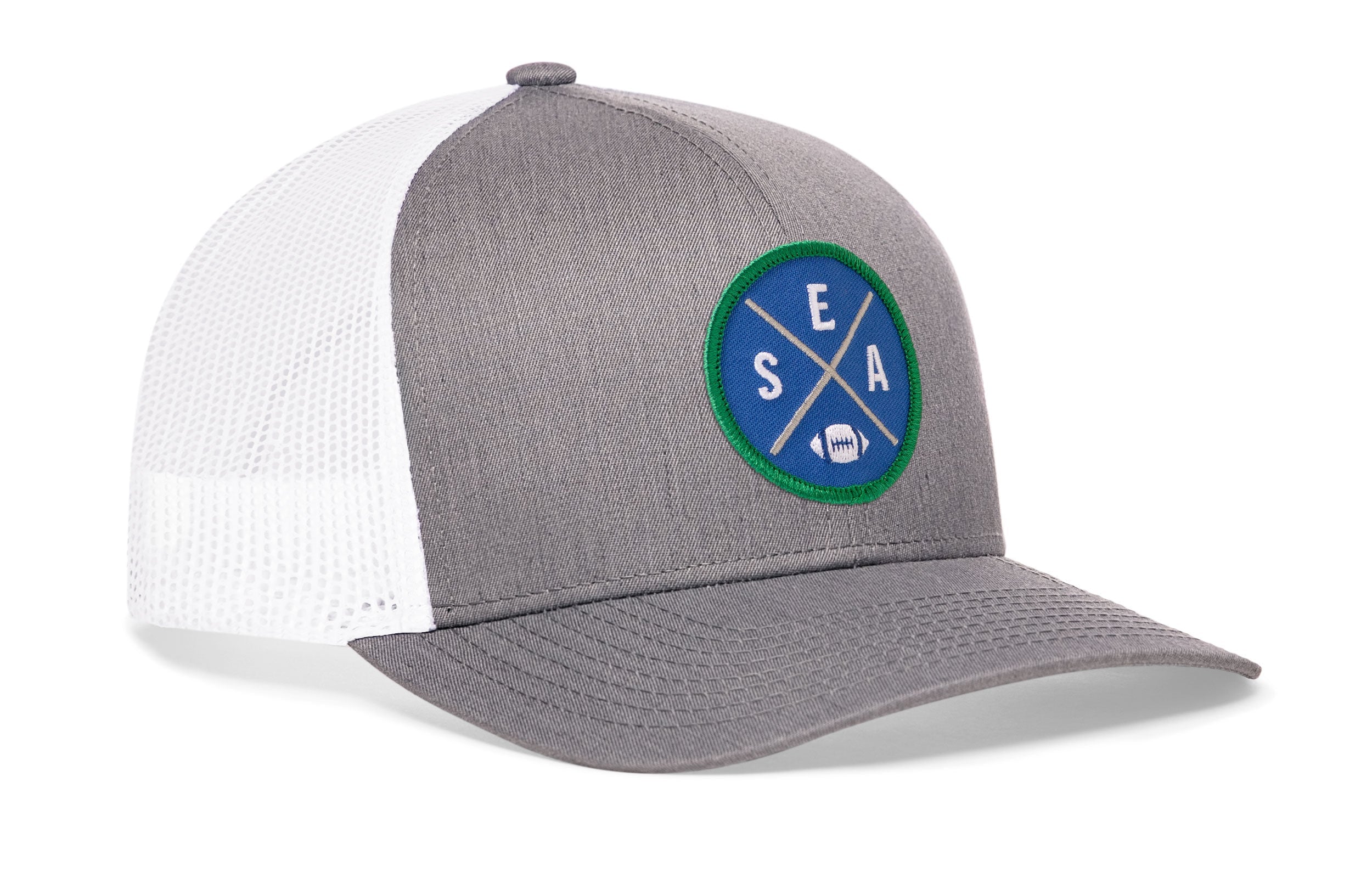 Gray front trucker hat with round SEA X patch and white mesh side panels