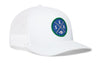 White trucker hat with round SEA X patch and white mesh side panels