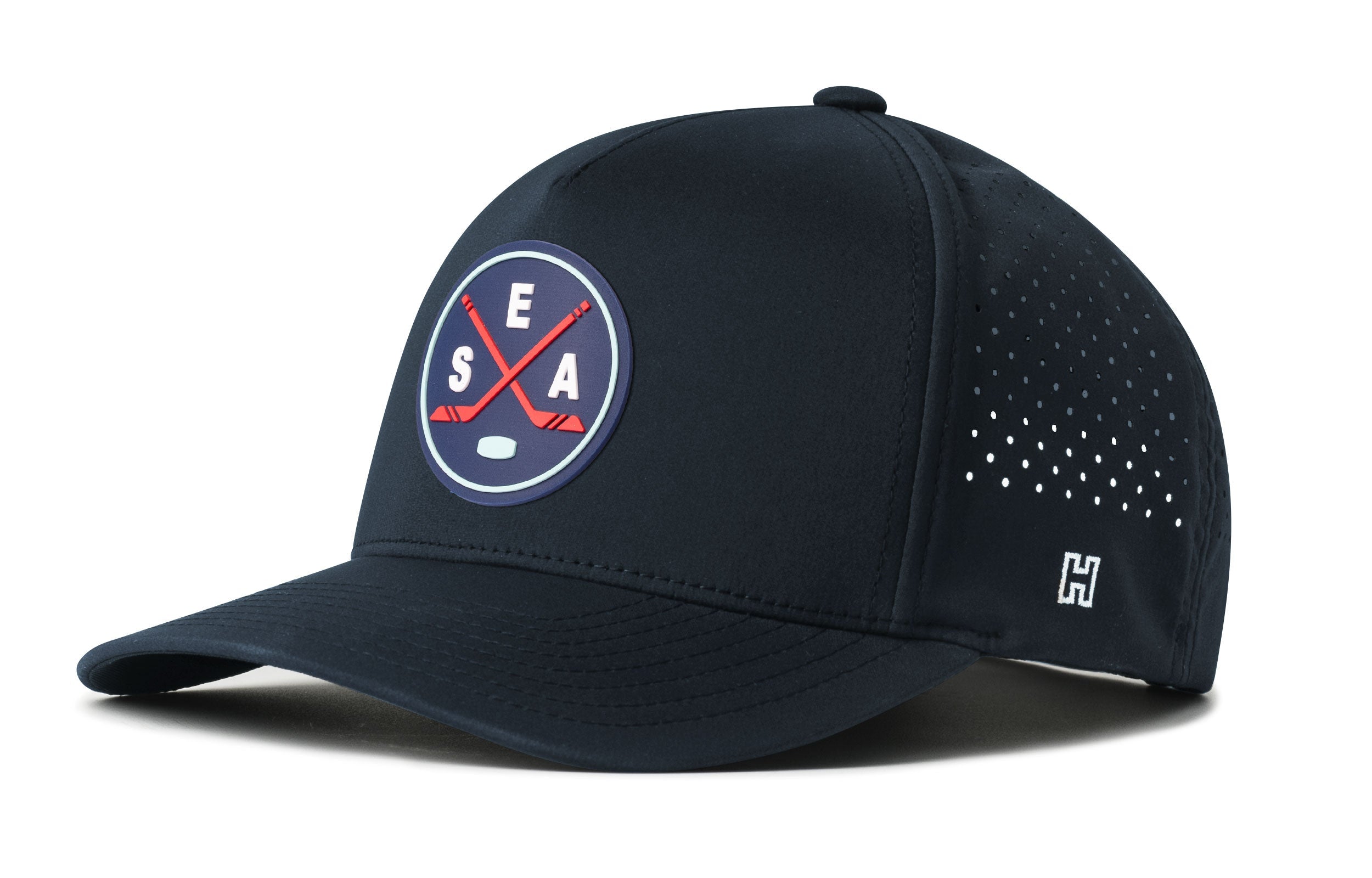 Navy 5-panel performance snapback hat with SEA X flexfit logo and perforated side