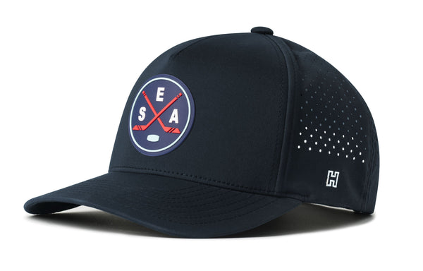 Navy 5-panel performance snapback hat with SEA X flexfit logo and perforated side