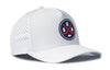 White 5-panel snapback cap with circular SEA X flexfit logo and perforated side