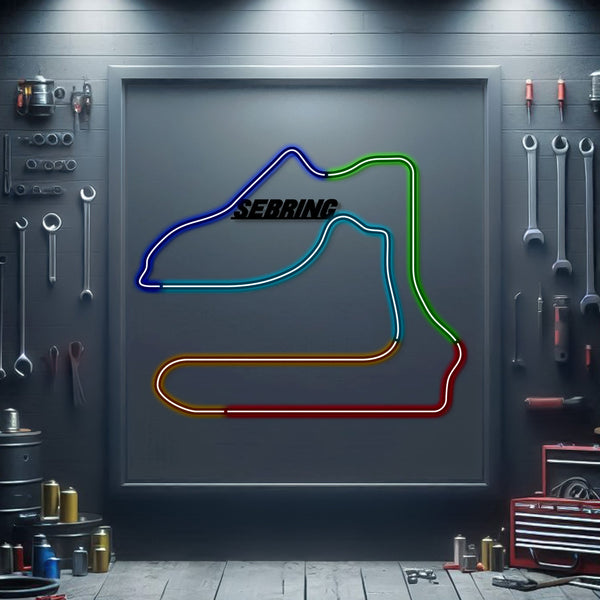 Metal neon race track sign with multi-color outlined circuit and 'SEBRING' text