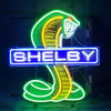 Neon light sign with SHELBY nameplate and colorful cobra outline in blue and green