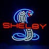 Neon light sign showing SHELBY lettering with blue cobra emblem, red-orange and blue LEDs