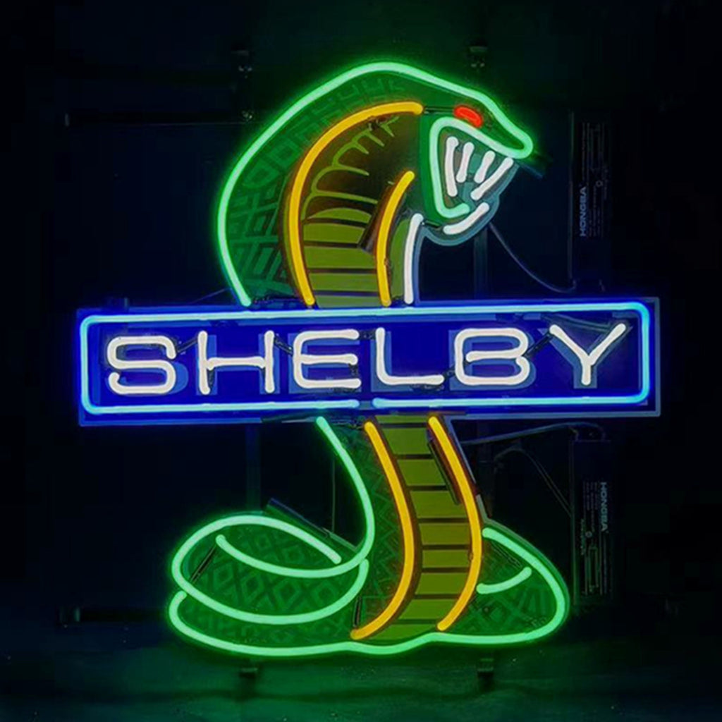 Neon light sign featuring blue SHELBY text, green base, and cobra emblem in neon