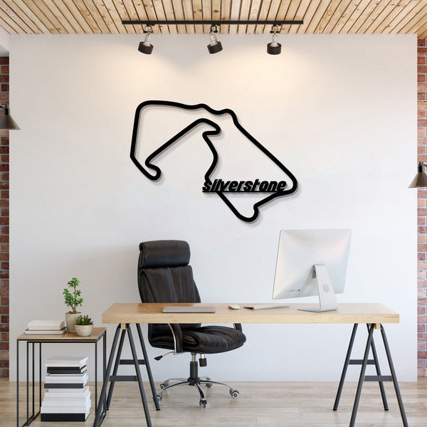 Silverstone metal circuit wall art with black track outline and logo on white