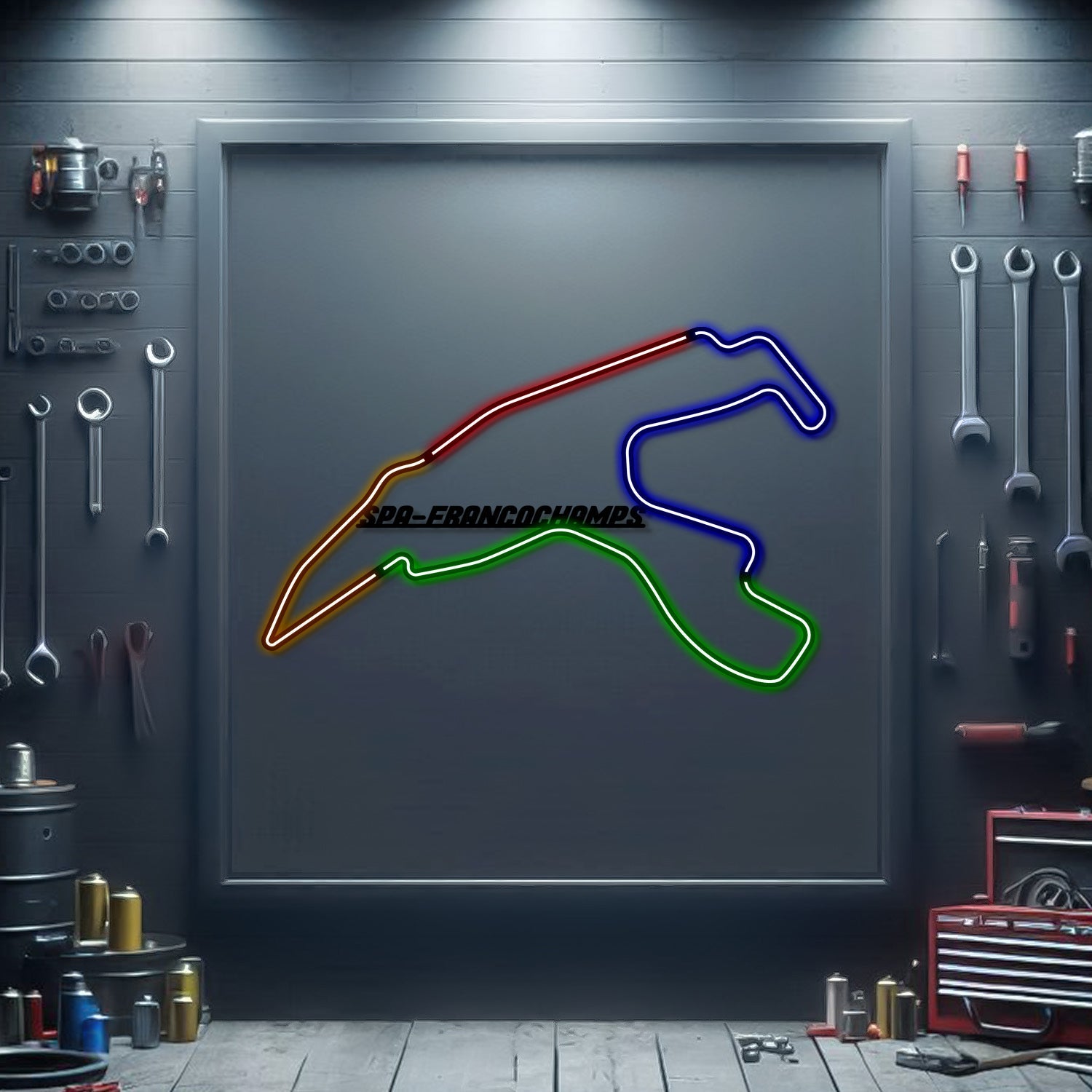 Metal neon race track wall sign with multi-color glowing outline in a frame