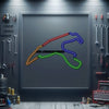 Metal neon race track wall sign with multi-color glowing outline in a frame