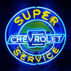 Neon service sign showing CHEVROLET emblem in center, blue ring with SUPER and SERVICE text