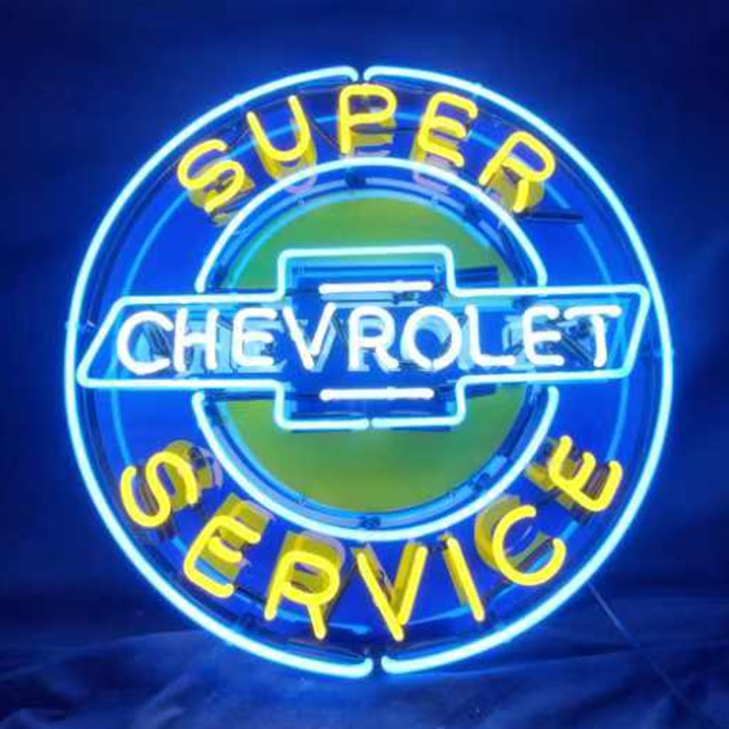 Neon service sign with blue ring and yellow SUPER SERVICE text over CHEVROLET emblem