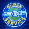 Neon service sign with blue ring and yellow SUPER SERVICE text over CHEVROLET emblem