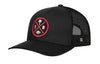 Black trucker hat with red logo patch, curved brim, and mesh back panels